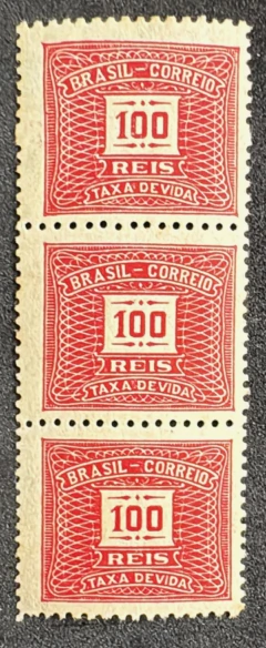 Brasil - Taxa 100 réis - Tira com 3 Selos Novos - Filigrana Casa da Moeda "D, Sendo o Selo do Meio Sem Filigrana - RHM 4
