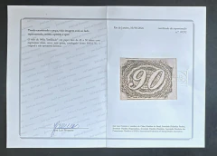 Numeral Inclinado 90 Réis, novo, papel fino com pigmento azul, tipo IIa, com certificado. Coleção de referência Klerman na internet