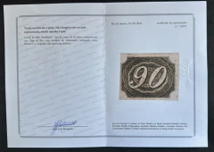 Numeral Inclinado 90 Réis, papel de Olho de Boi, usado, com certificado, tipo II. Coleção de referência Klerman Lopes - na internet