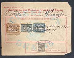 Brasil 1925 - Vale Postal Nacional, Circulado, Emitido na Paraíba, Com selo Depósito 10$000+2$000+1$000, e Porteado com