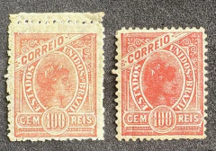 Madrugada 100 réis "7" na Efígie, filigranados, nos tons vermelho pálido e vermelho.