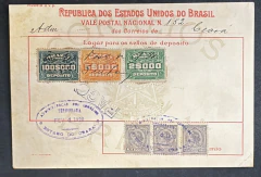Brasil 1920 - Vale Postal Nacional - Do Ceará para Bahia - Porteado com 3 selos Alegoria Republicana de 500 réis - Selo