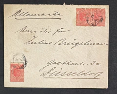 Envelope circulado em 1900 de Rio Grande para Dusseldorf (Alemanha), porteado em 300 Réis de acordo com o 2° porte inter