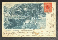 Cartão Postal de Petrópolis, circulado para a Argentina, porteado com selo Madrugada 100 Réis (margens largas), com a va