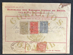 Brasil 1925 - Vale Postal nacional - De Santos para Bahia - Porteado com Alegoria Republicana de 1000 réis - Selos de De