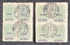 Brasil, Cruzeiro, Sobrestampado, 2 quadras usadas de 50 e 100 réis (129 e 130)