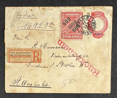 Inteiro Postal 200 Réis, com selo adicional de Jornal Sobrestampado 500 Réis, circulado de S. Paulo para Berlim , primei