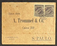 Envelope circulado de Santos para São Paulo, com par do selo Jornal Sobrestampado 300 Réis (RHM 117), franquia dupla, fo