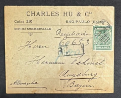 Envelope comercial circulado de São Paulo para a Alemanha, registrado, porteado com selo Jornal Sobrestampado 700 Réis,