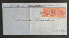 Envelope bancário de remessa de valores, circulado em Alagoas, porteado em 1500 Réis, sendo 3 selos de 500 Réis Jornal S
