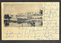 Cartão Postal de São Paulo, enviado para a Alemanha, porte de 100 Réis (tira de 4 selos de Jornal Sobrestampado 20 Réis