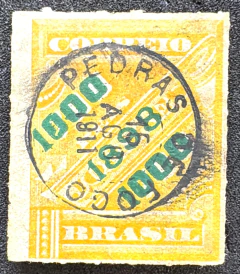 Jornal sobrestampado 1000 réis verde/laranja RHM 121 (100 Uf's) com carimbo "Pedras de Fogo"