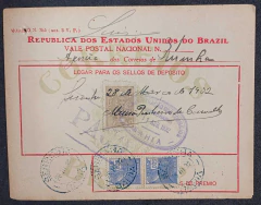 Vale Postal Nacional - Mod. nº 385 (Ant. 3V.P.) papel fino, circulado de Serrinha para Bahia em 1932