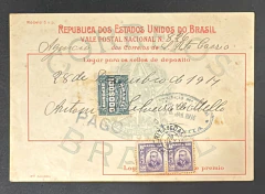 Brasil - História Postal (1914) Vale Postal Nacional postado na Agência de Santa Rita de Cassia, Bah