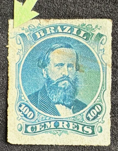 D. Pedro 100 Réis em tom azulado, chapa corroida (canto superior esquerdo).