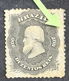 D. Pedro 200 Réis denteado - Novo, com vestígios de legenda do lado direito - RHM 28 - 190 Ufs.