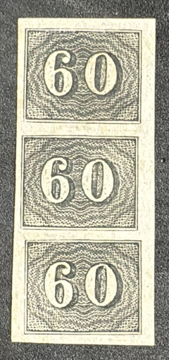 Numeral vertical 60 réis - Tira de 3 selos novos.