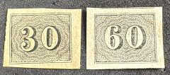 Numerais Verticais 30 e 60 Réis, sem pigmento azul - RHM 13 e 14 - 100 Ufs.