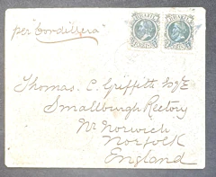 Envelope Circulado da Bahia (17/01/1883) para Norfolk (Inglaterra) com Par de 100 réis Cabeça Pequena e Carimbo Mudo Est