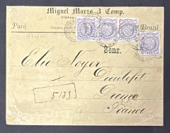 História Postal - Envelope registrado enviado de Belém para a França, com porte de 1200 réis (Convenção de Paris), sendo
