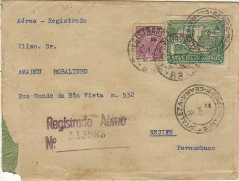 17103 Brasil Envelope Aéreo Registrado de CE P/ Recife PE