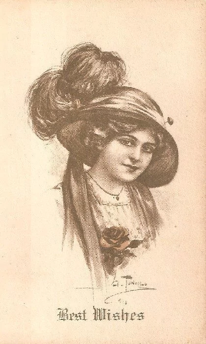 16831 Cartão Postal Antigo Mulher Chapéu Flores