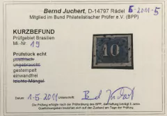 Brasil Nº 19 Numeral 10 réis azul com certificado U. - comprar online