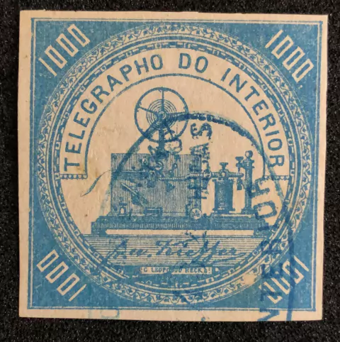 Brasil telégrafo (T-3) 1000 réis azul claro com carimbo no verso U