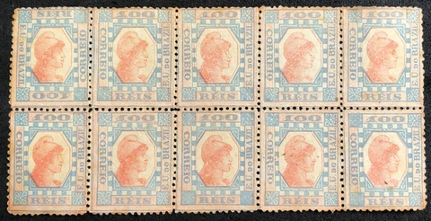 Brasil (79O) Tintureiro azul e vermelho múltiplos com selo superior esquerdo com quadro invertido com certificado N