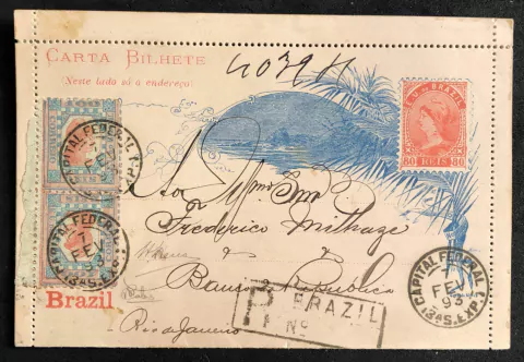Brasil (79P) Carta bilhete de 80 réis circulada em 1893 no Rio de Janeiro com par de 100 réis Tintureiro em Tete-beche com risco no rosto no selo superior. Com certificado.