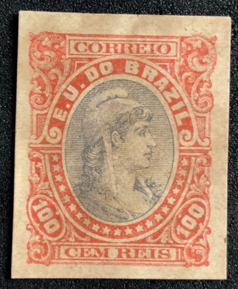 Brasil Ensaio de Tintureiro bicolor 100 réis papel cartão.