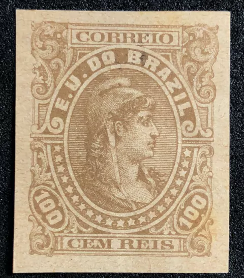 Brasil Ensaio de Tintureiro Unicolor 100 réis papel médio-grosso.