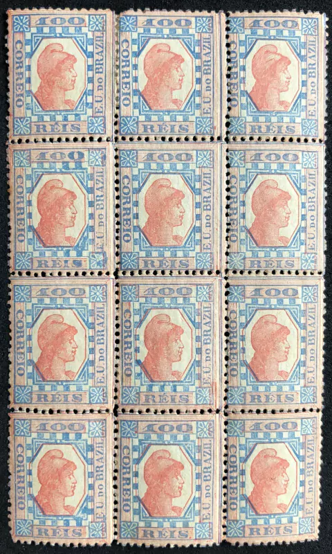 Brasil (79) Tintureiro azul e vermelho bloco de 12 selos NN