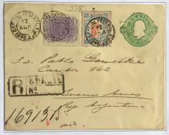 Brasil Tintureiro + cruzeiro Envelope com franquia composta, circulado do Rio de Janeiro registrada de 12 de abril de 1892 para Buenos Ayres, chegada em 22 abril.