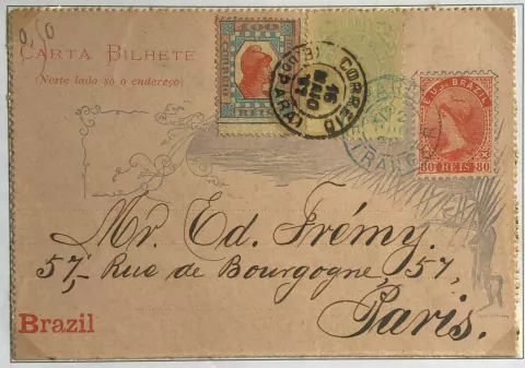 Brasil Tintureiro Carta Bilhete com franquia composta, circulado do Pará registrada de 16 maio de 1892 para Paris, chegada em 2 de junho.