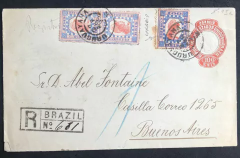 Brasil (79 EFI) Carta registrada do Rio de Janeiro de 17 de abril de 1893 para Buenos Ayres. Selo Tintureiro isolado à direita com a variedade "CORRBIO" com certificado.