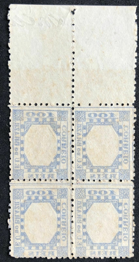 Brasil (79N) Tintureiro 100 réis quadra com variedade com quadro no verso margem de folha NN