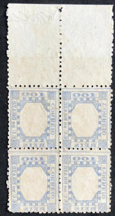 Brasil (79N) Tintureiro 100 réis quadra com variedade com quadro no verso margem de folha NN