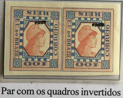 Brasil Falso tintureiro 100 réis sem denteação par com quadros invertidos NN