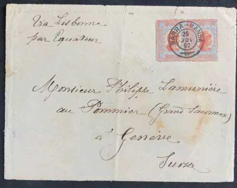 Brasil Envelope circulado de Barra Mansa (RJ), 26 de julho de 1892 para Genebra (Suíça) via França 17 agosto e chegada ao destino em 18 de agosto 1892. Porteado com par do tintureiro.
