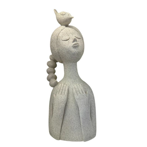 Escultura Menina com Pássaros em Resina Off White - comprar online
