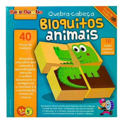Bloquitos Animais Quebra-cabeça Infantil Brinquedo Educativo em madeira - Bate Bumbo - 2 anos