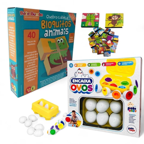 KIT ENCAIXA OVOS FORMA GEOMETRICA + QUEBRA-CABEÇA BLOQUITOS