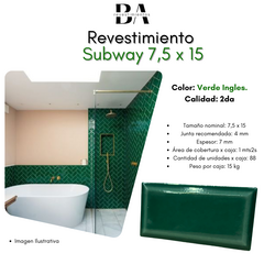 Azulejo 2da Subway Biselado 7,5x15 Verde Ingles x mts2. - comprar online