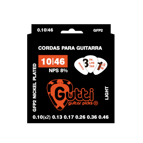 Encordoamento Corda Guitarra Gutti By Groove 0.010 NPS 8% + 3 Palhetas E 1ª MI Extra
