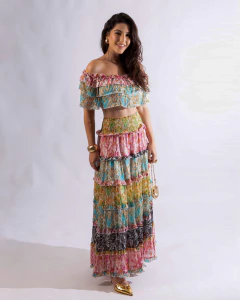 Conjunto Boho Cropped Saia Longa Estampado Babados - comprar online