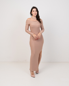 Vestido Tubinho Longo Manga Longa Ombro A Ombro Nude