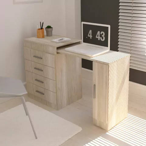 Escritorio extensible de madera clara con cajonera de cuatro cajones y superficie para computadora portátil. Conseguilo en Gamma Hogar.