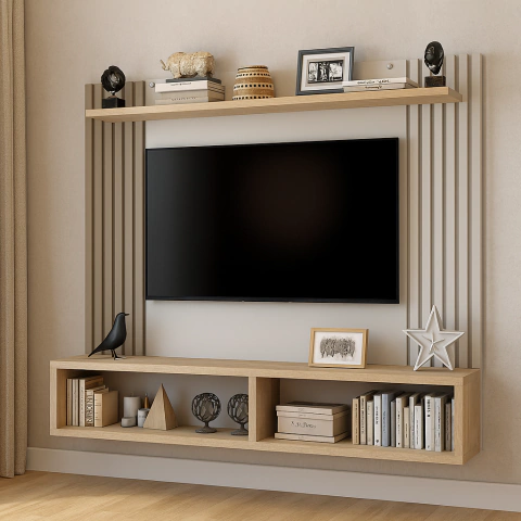 Panel Varillado 2 Nichos y Estante para TV 43" (DRO01RNBL) - Roble Natural/Blanco - comprar online