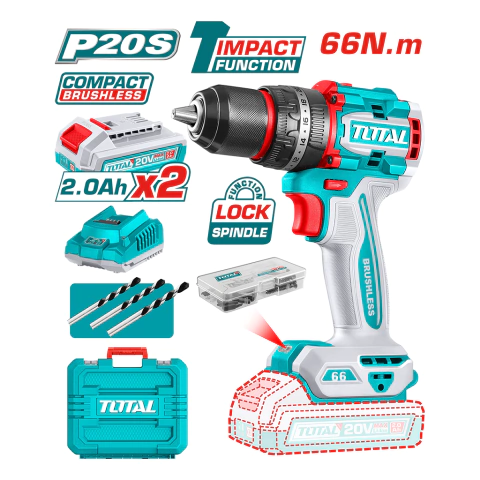 TALADRO ATORNILLADOR PERCUTOR 20 V. BRUSHLESS 13 MM. - TOTAL